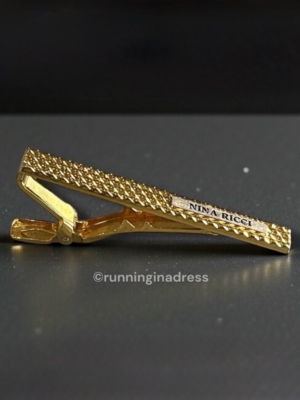VTG Nina Ricci Paris Crosshatch Gold & Silver Tie Clip Bar Germany 2.5" Hobnail